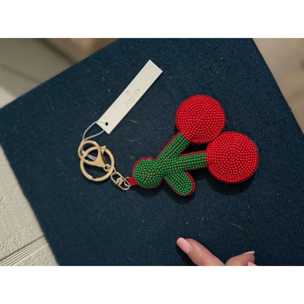 Josslyn Company Red Beaded Cherry Bag Charm Keychain Gold Tone Hardware NWT